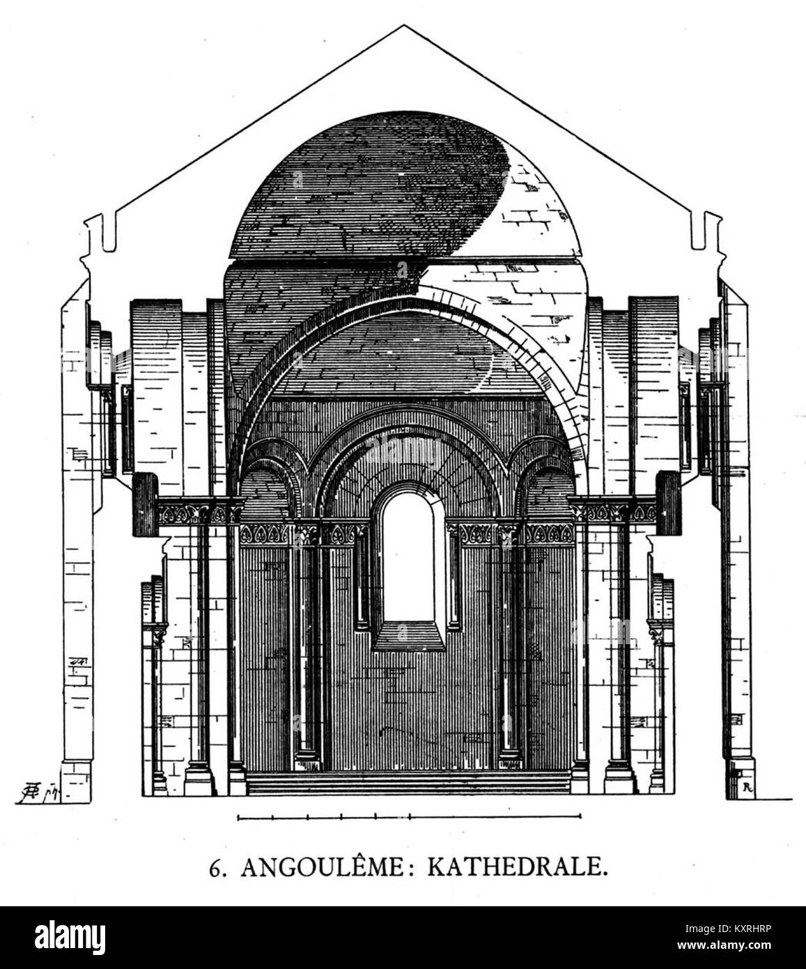 Sezione trasversale architettonica della Cattedrale di Saint-Pierre a Angoulême che presenta la struttura spaziale interna dell'edificio romanico. Foto Stock