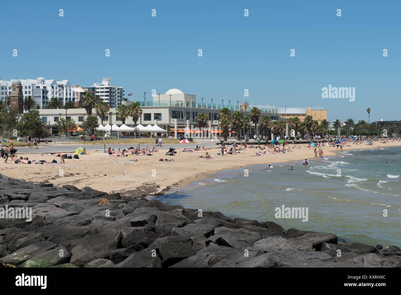 St Kilda è un popolare spiaggia balneare sul Port Philip Bay 6 chilometri (3.7 mi) a sud del centro di Melbourne in Victoria, Australia. Foto Stock