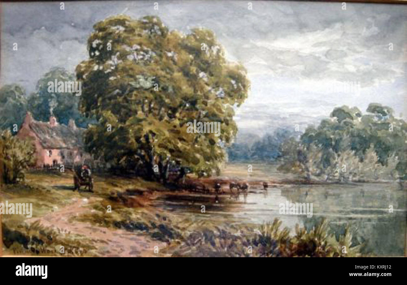 Dipinto del 1874 di Lewis Pinhorn Wood raffigurante bestiame vicino a un lago, che mostra arte paesaggistica naturalistica del XIX secolo con enfasi sul paesaggio rurale e sulla vita animale. Foto Stock