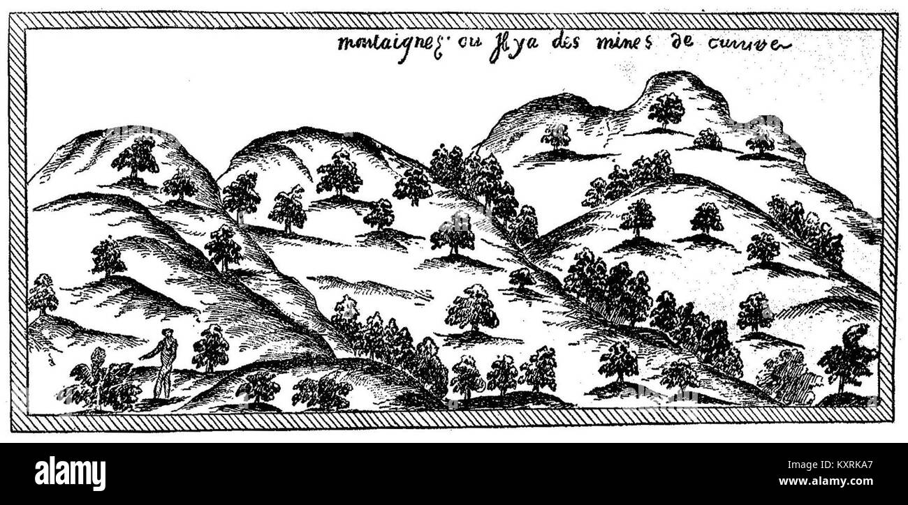 Incisione dell'edizione 1870 di "oeuvres de Champlain", prodotta dalla Laval University, raffigurante scene legate alle esplorazioni di Samuel de Champlain e ai contributi alla prima storia canadese. Foto Stock