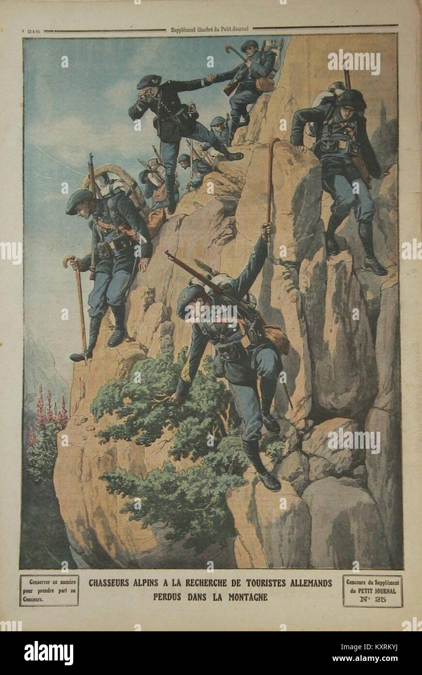 Un'illustrazione di copertina del le Petit Journal che mostra le truppe alpine francesi alla ricerca di turisti tedeschi, riflettendo l'arte della stampa satirica e nazionalista dei primi anni del XX secolo. Foto Stock
