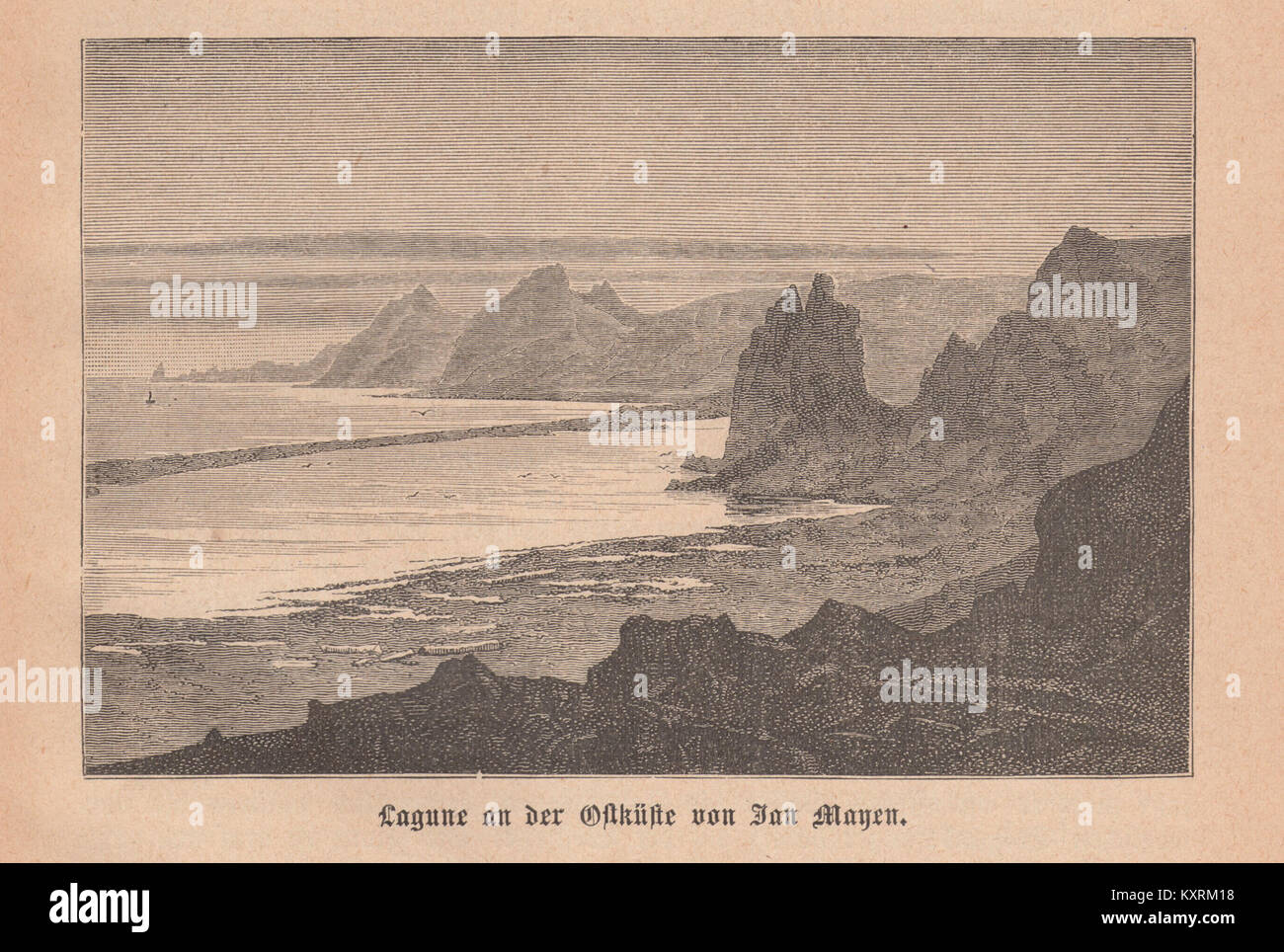 Un'illustrazione del 1884 di Chavanne raffigurante una laguna sulla costa orientale di Jan Mayen, che mostra le caratteristiche geografiche e il paesaggio naturale dell'Artico nella regione dell'Atlantico settentrionale. Foto Stock