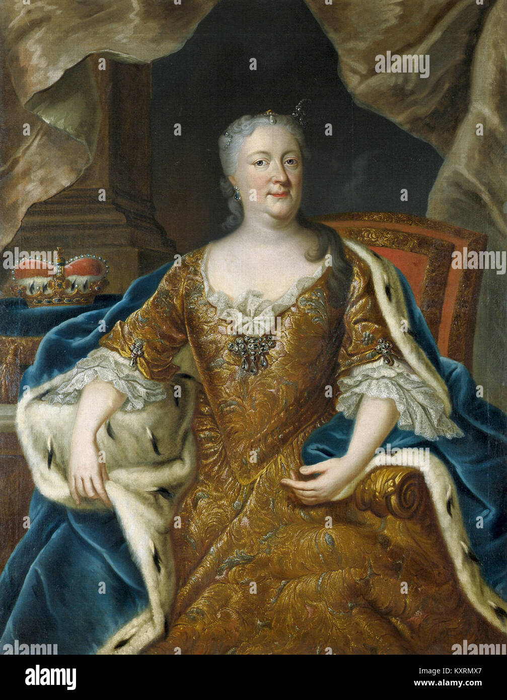 Il dipinto intitolato “Bildnis der Herzogin Antoinette Amalie von Braunschweig-Wolfenbüttel” di Christoph Bernhard Francke (attribuito) mostra la duchessa Antoinette Amalia di Brunswick-Wolfenbüttel in un abito nobile tedesco del XVIII secolo, reso a olio su tela e che riflette il suo status ed eleganza come parte della Casa di Welf. Foto Stock