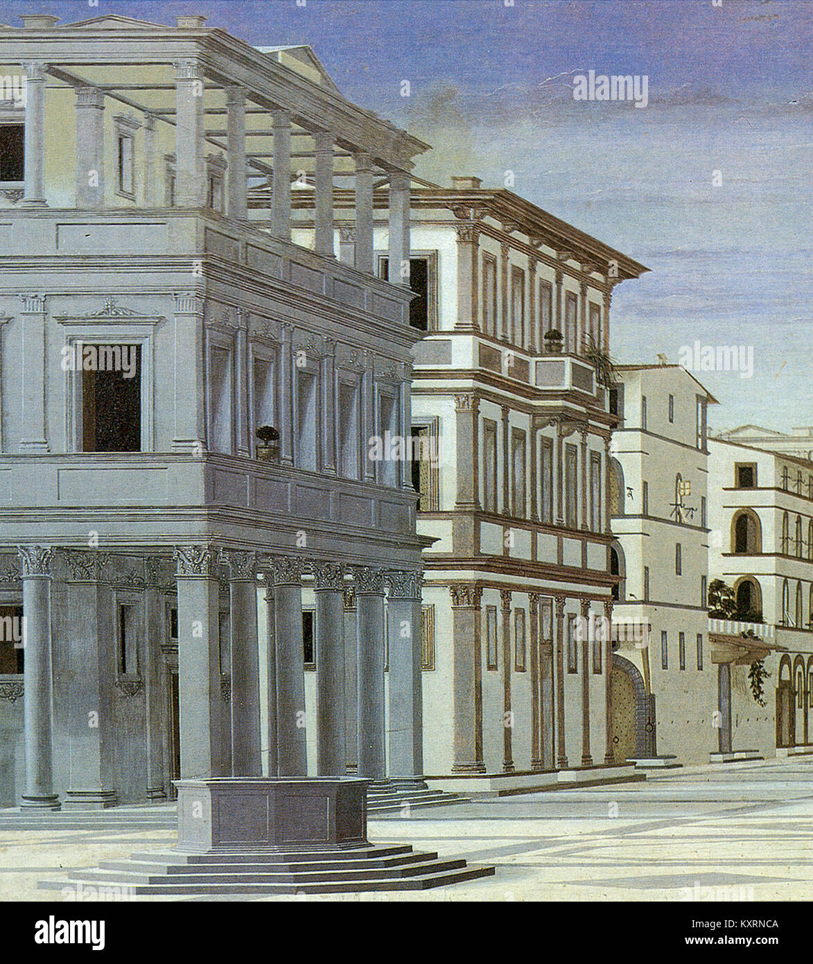 L'opera d'arte "Città ideale" ospitata nella Galleria Nazionale delle Marche di Urbino è un dipinto rinascimentale che raffigura un immaginario paesaggio urbano con una prospettiva precisa, un'architettura simmetrica e un design classico, che rappresenta ideali di ordine e armonia. Foto Stock