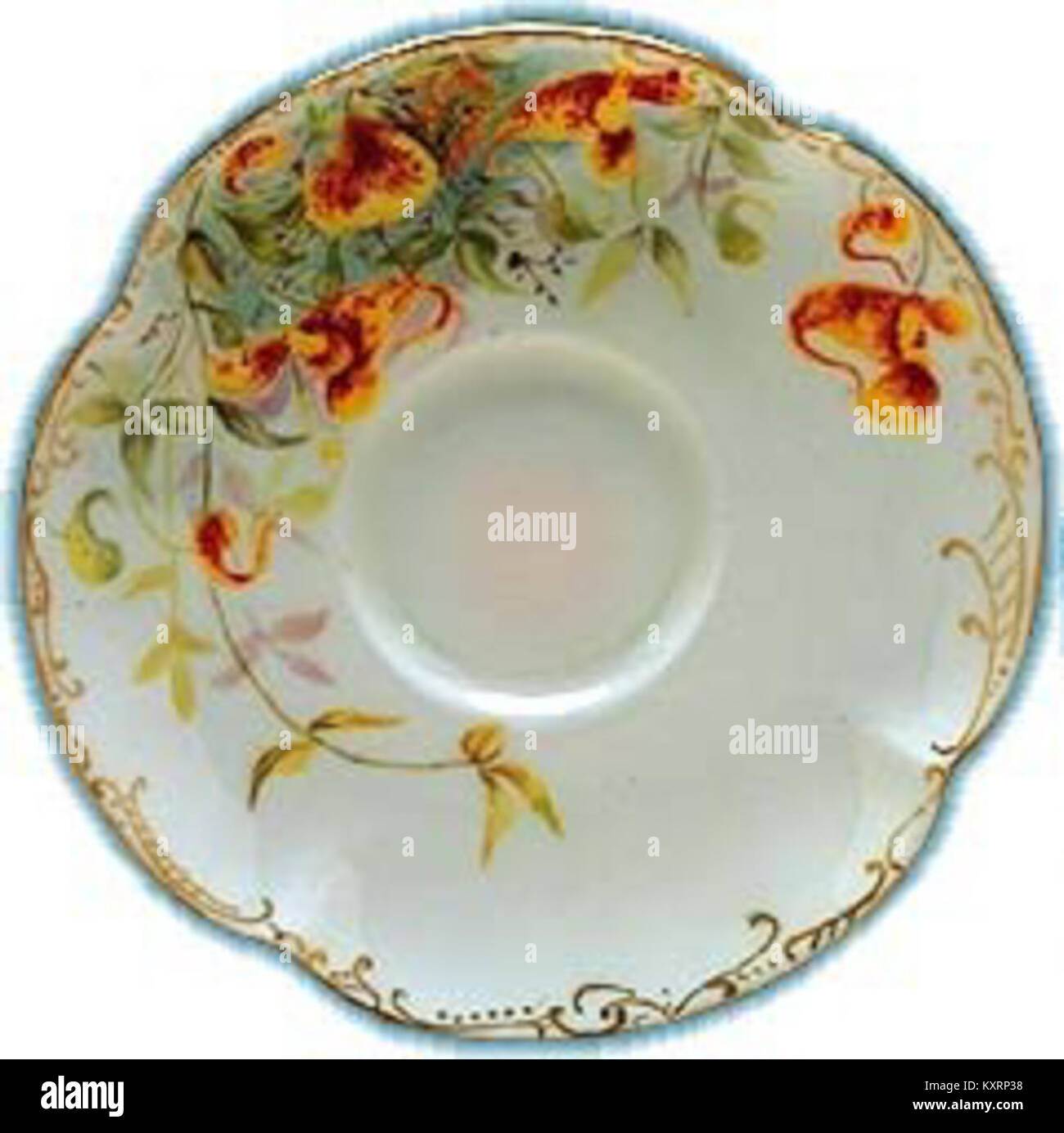 Piattino da caffè in porcellana disegnato da Anna Lucy Kelley (1849-1920), decorato con un motivo floreale di piante erbacee Jewel, che esemplifica la sua arte ceramica tra la fine del XIX e l'inizio del XX secolo. Foto Stock