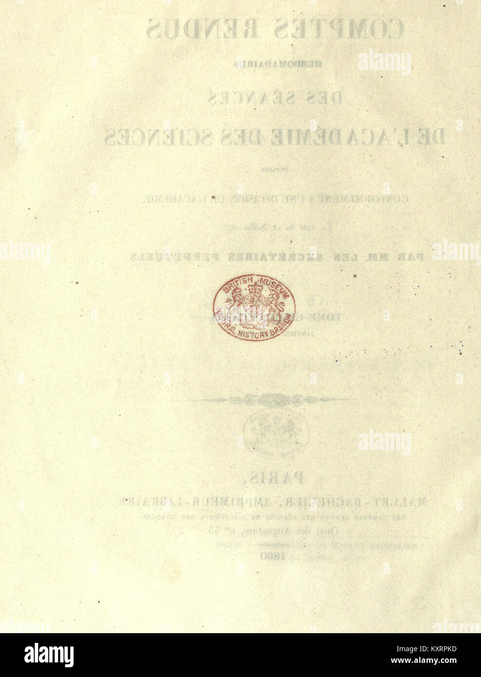 Un articolo accademico del "Comptes rendus hebdomadaires" che documenta gli atti settimanali dell'Accademia francese delle scienze, riassumendo i risultati della ricerca e le discussioni. Foto Stock