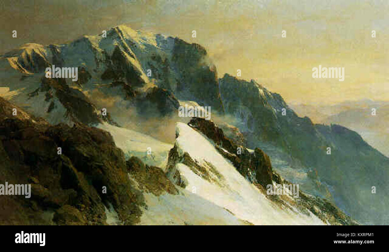 La rappresentazione di Edward Theodore Compton del 1906 di un paesaggio alpino illuminato dal sole, che ritrae forme di montagna dettagliate, valli glaciali ed effetti di luce attraverso il terreno ad alta quota. Foto Stock