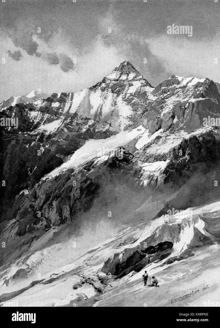 L'opera di Edward Theodore Compton del 1909 che raffigura il Tour Sallière e i Grand Revers visti dal Ghiacciaio di Plan Névé, catturando la topografia alpina dettagliata e i contrasti leggeri delle Alpi svizzere. Foto Stock