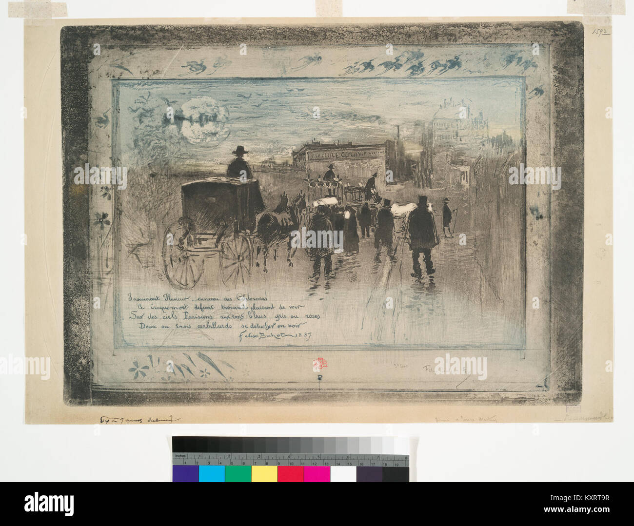 Una fotografia storica che cattura una processione funebre lungo Boulevard de Clichy a Parigi, Francia, durante la fine del XIX secolo. L'immagine riflette i costumi funerari francesi tradizionali e la vita urbana dell'epoca. Foto Stock