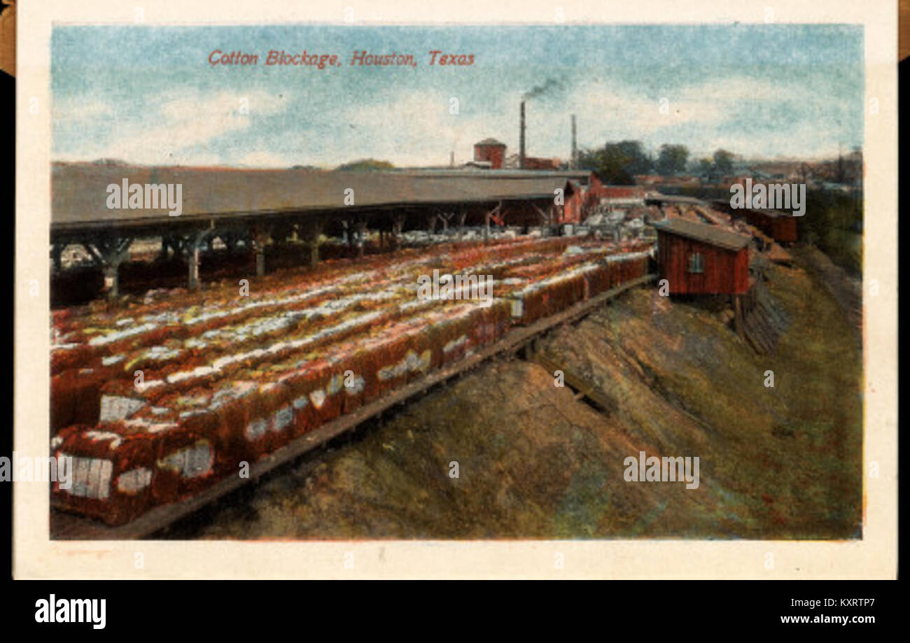 Fotografia che mostra un blocco delle spedizioni di cotone a Houston, Texas, che illustra le difficoltà nel commercio e nel trasporto di cotone durante un periodo di interruzione industriale o logistica. Foto Stock