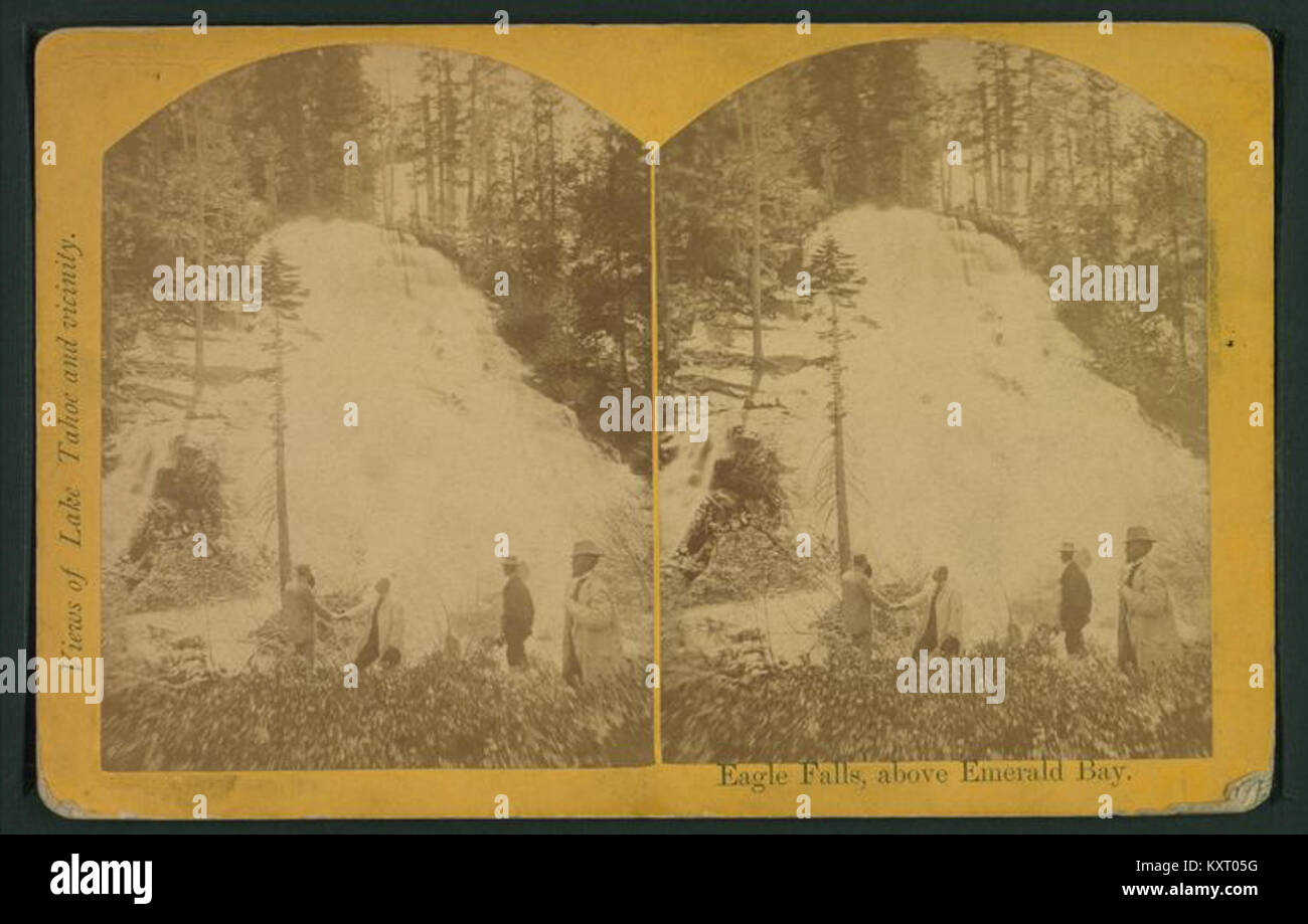 Un dipinto del 1870 di R.E. Wood che mostra Eagle Falls sopra Emerald Bay, raffigurante il paesaggio naturale e la natura selvaggia dell'America del XIX secolo. Foto Stock