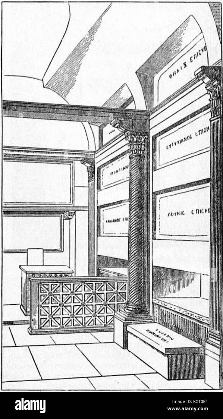 Questa illustrazione dell'EB1911 raffigura il restauro della Cripta Papale nel Cimitero di San Calisto a Roma, sottolineando la conservazione di uno storico sito di sepoltura per papi. Foto Stock