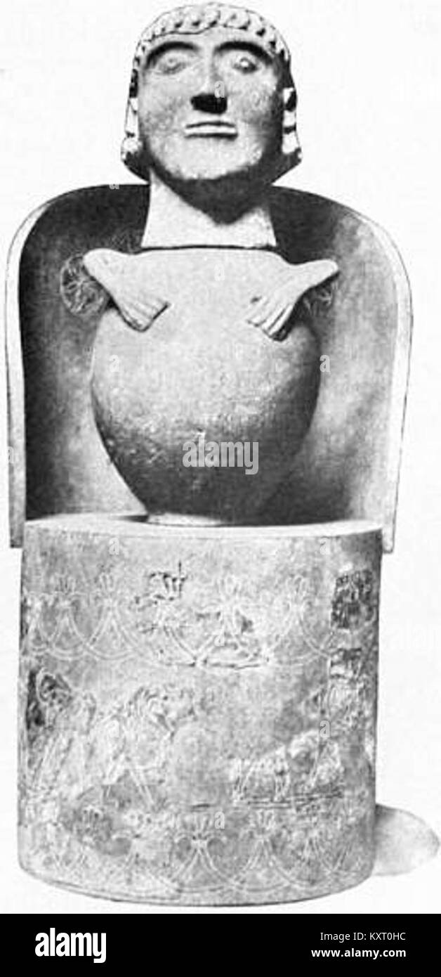 Un'illustrazione dell'Enciclopedia Britannica del 1911 raffigurante un vaso canopico etrusco, una nave funeraria utilizzata nelle antiche pratiche di sepoltura etrusche, mettendo in risalto l'arte e la cultura etrusca. Foto Stock