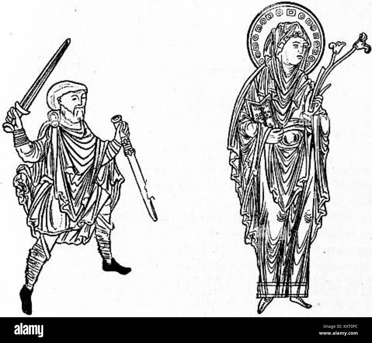 Le figure 25 e 26 dell'Enciclopedia Britannica del 1911 raffigurano l'abito tradizionale inglese antico e un'immagine della Beata Vergine, illustrando stili di abbigliamento storico e religioso del primo Inghilterra. Foto Stock