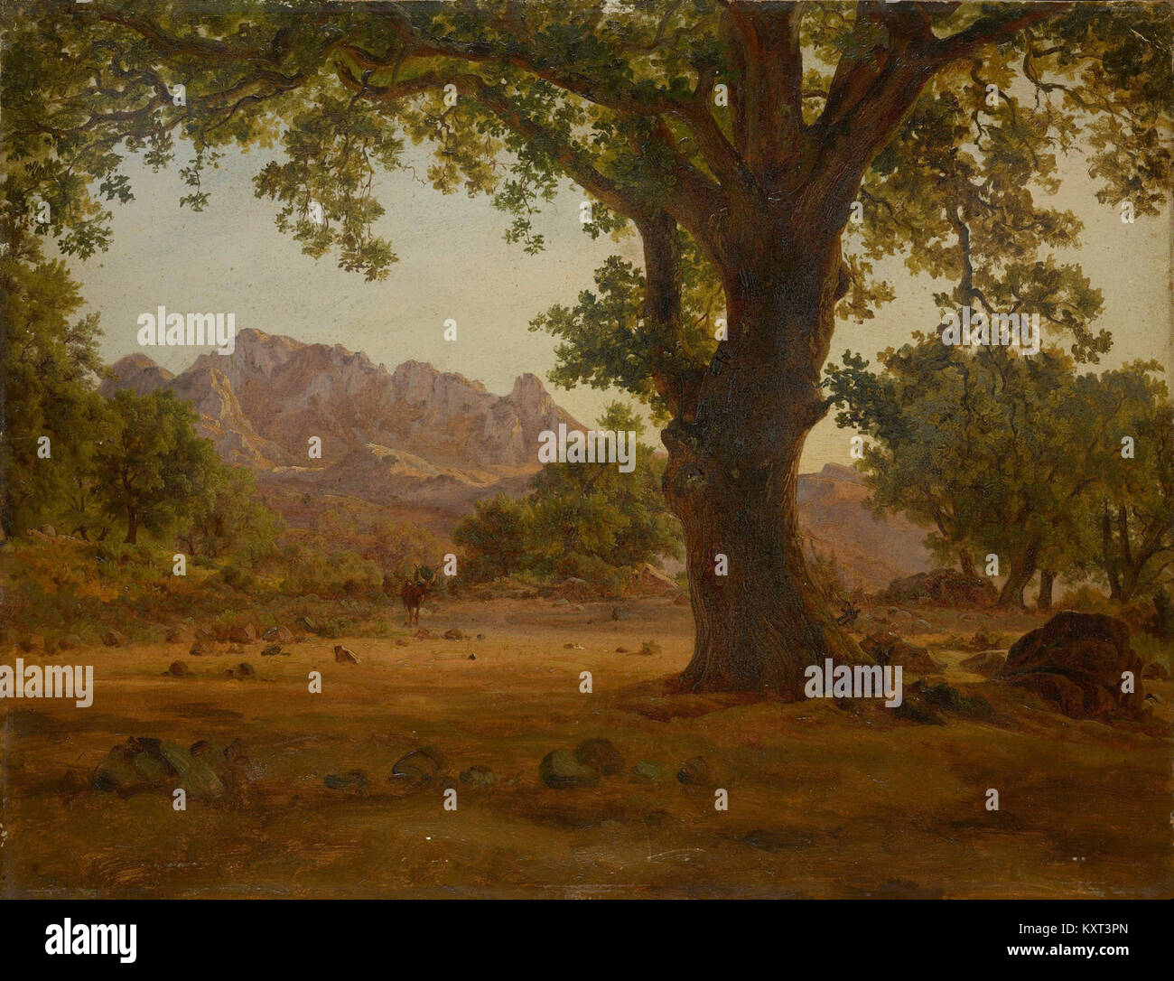 Il dipinto “Eiche in Hügellandschaft”, di un ignoto artista tedesco del XIX secolo, raffigura un albero di quercia in un paesaggio collinare. L'opera d'arte mette in evidenza il paesaggio naturale e la tradizionale composizione paesaggistica del periodo. Foto Stock