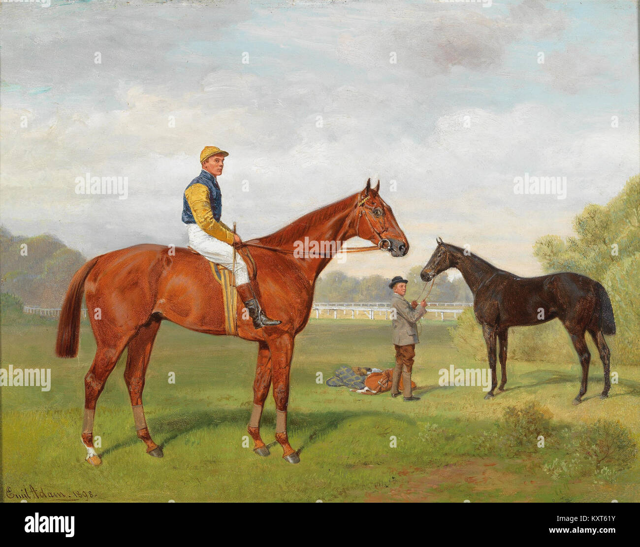 Dipinto di Emil Adam raffigurante i cavalli Áruló e Komámasszony della tenuta del barone Hermann von Königswarter, con il fantino Robert Adams, raffigurante ritratti equestri nell'Europa del XIX secolo. Foto Stock