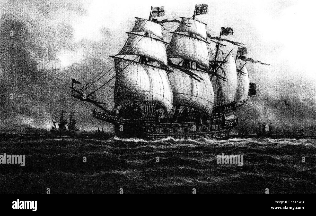 La nave da guerra inglese "Great Harry", raffigurata in un dipinto di Läder Arenhold del 1891, rappresenta una nave navale storica chiave della metà del XVI secolo. Foto Stock
