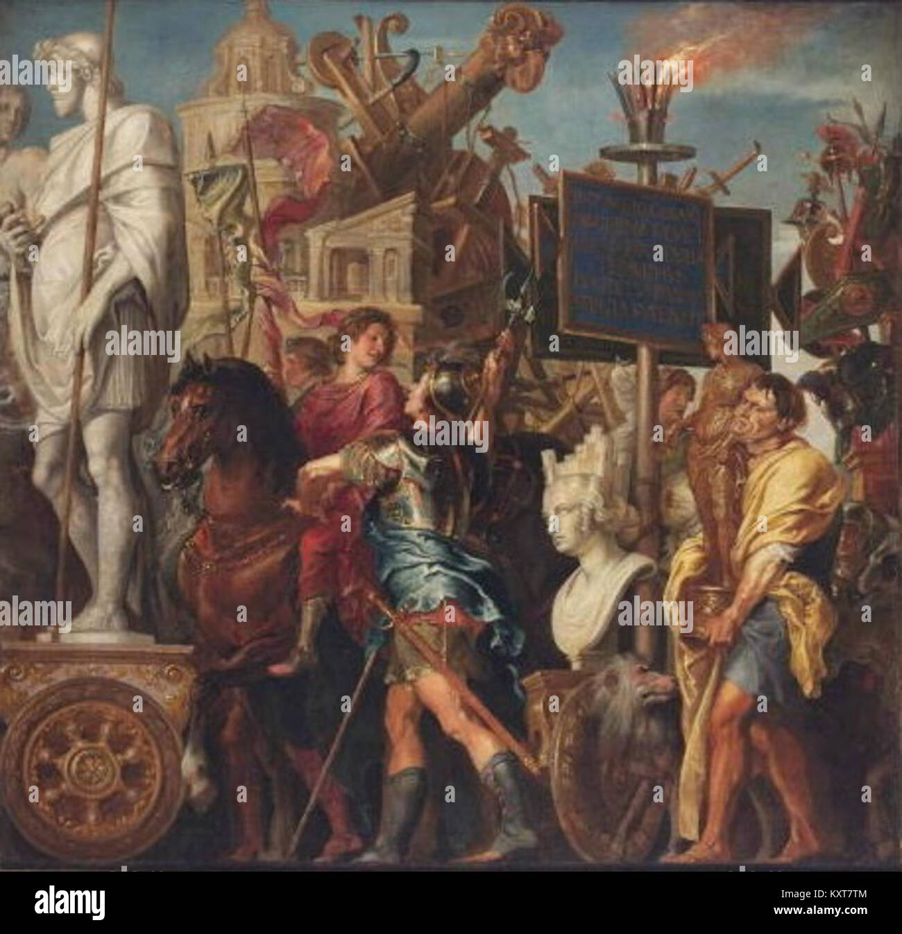 Questa opera, attribuita a Erasmo II Quellino e Pietro Paolo Rubens, raffigura la terza parte del *Trionfo di Cesare*, una serie che illustra le vittorie militari di Giulio Cesare. Lo stile dinamico di Rubens combina la grandezza barocca con argomenti storici. Foto Stock
