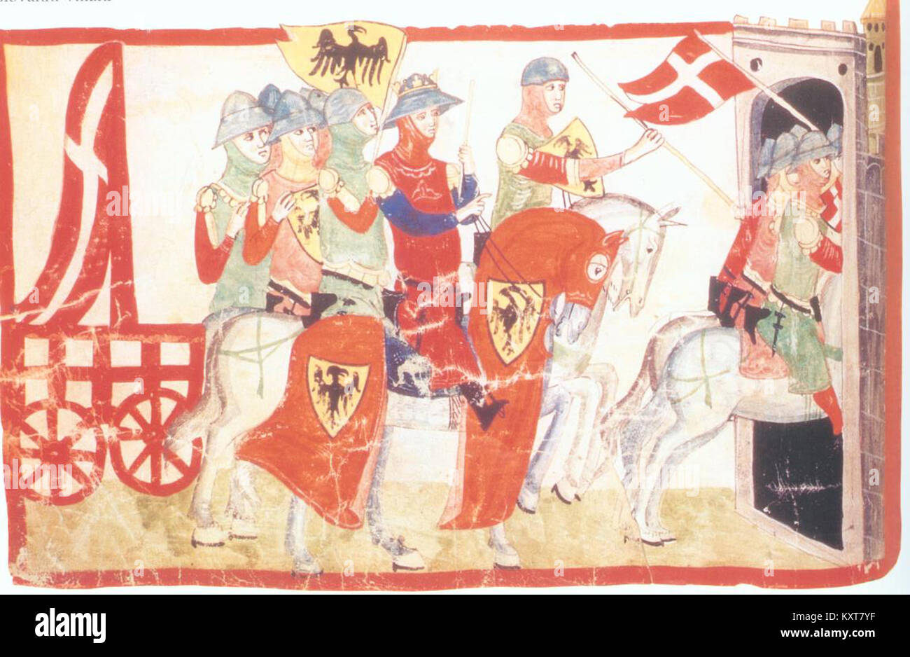 Questa rappresentazione illustra la cattura dei carroccii milanesi, mettendo in evidenza tattiche militari medievali, strategia sui campi di battaglia e eventi storici di guerra. Foto Stock