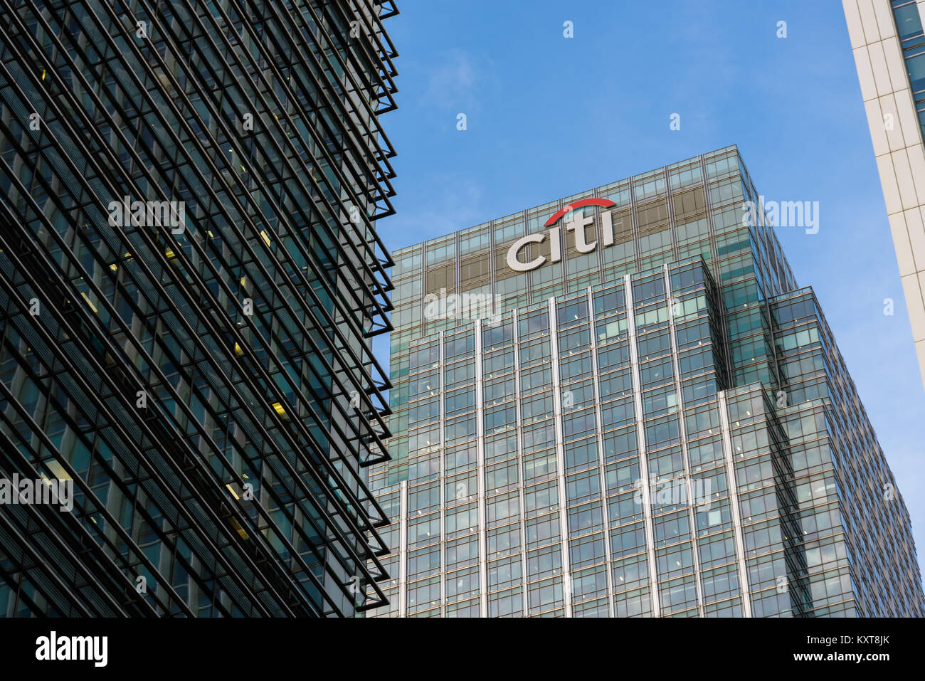 Banca Citi grattacielo edificio e segno di Canary Wharf, il quartiere finanziario di Londra, Regno Unito Foto Stock