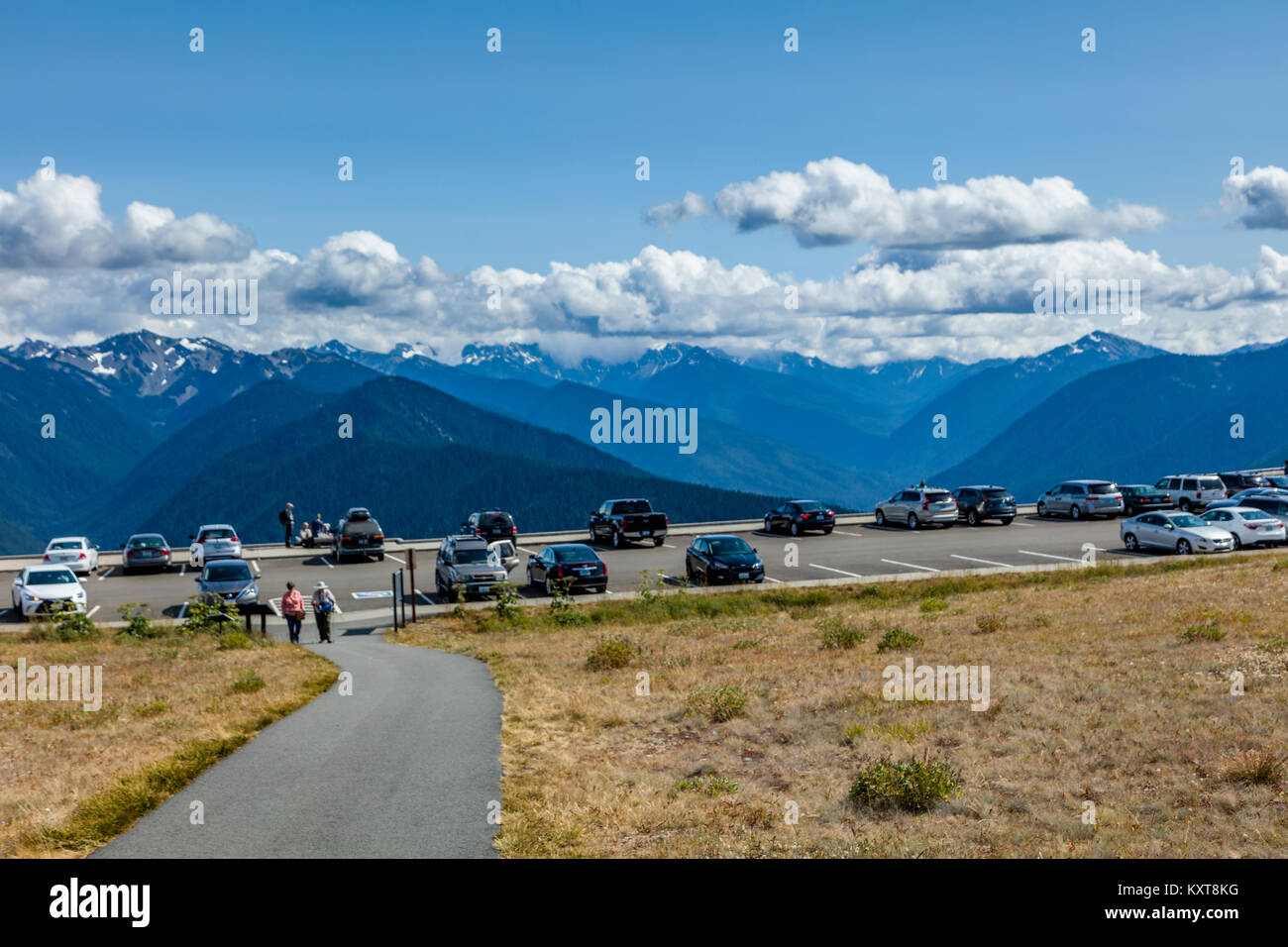 Percorso a piedi con area di parcheggio in background all'Hurricane Ridge Oylmpic nel Parco Nazionale di Washington Foto Stock