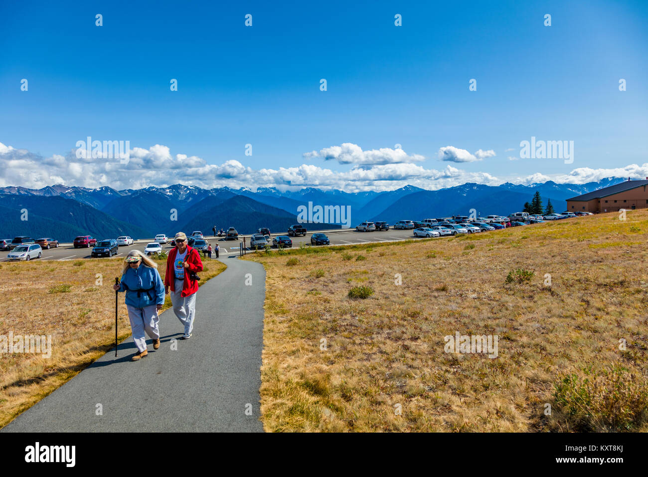 Percorso a piedi con area di parcheggio in background all'Hurricane Ridge Oylmpic nel Parco Nazionale di Washington Foto Stock