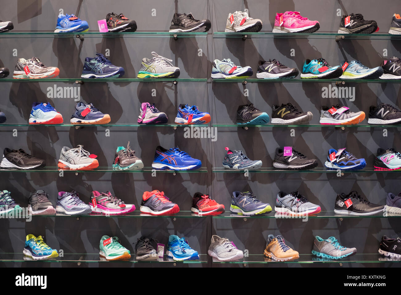 Un display di donna athletic scarpe da corsa a Paragon Sport un sporting goods supermercato su Broadway in Manhattan, New York City. Foto Stock