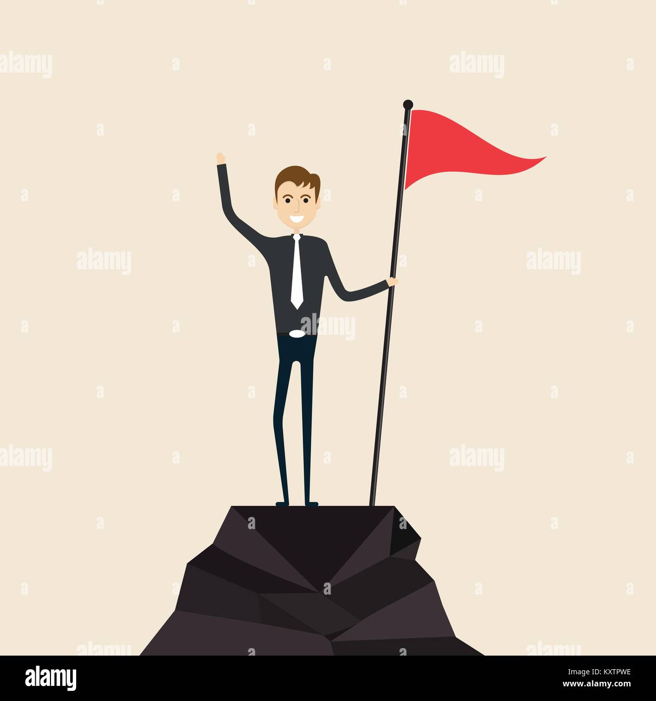 Raggiungimento,il successo e il concetto di Leadership.scalatore con bandiera conquistando cima della montagna.imprenditore tenendo una bandiera sul picco di montagna.la gente di affari cl Illustrazione Vettoriale