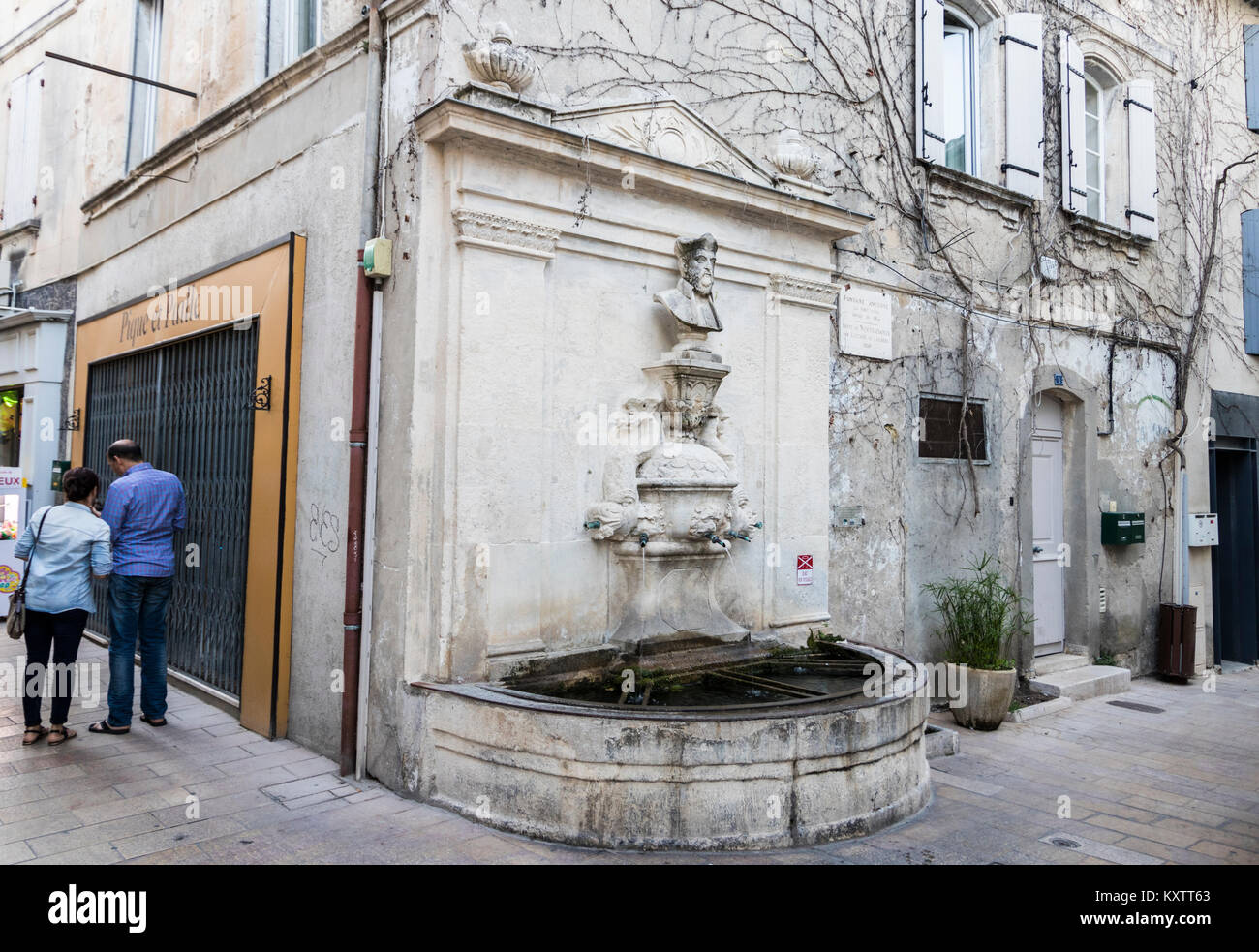 Fontana di acqua con un busto di Michel de Nostradame o Nostradamus nel centro storico della sua città natale e il luogo di nascita di Saint-Remy-de-Provence, Francia Foto Stock