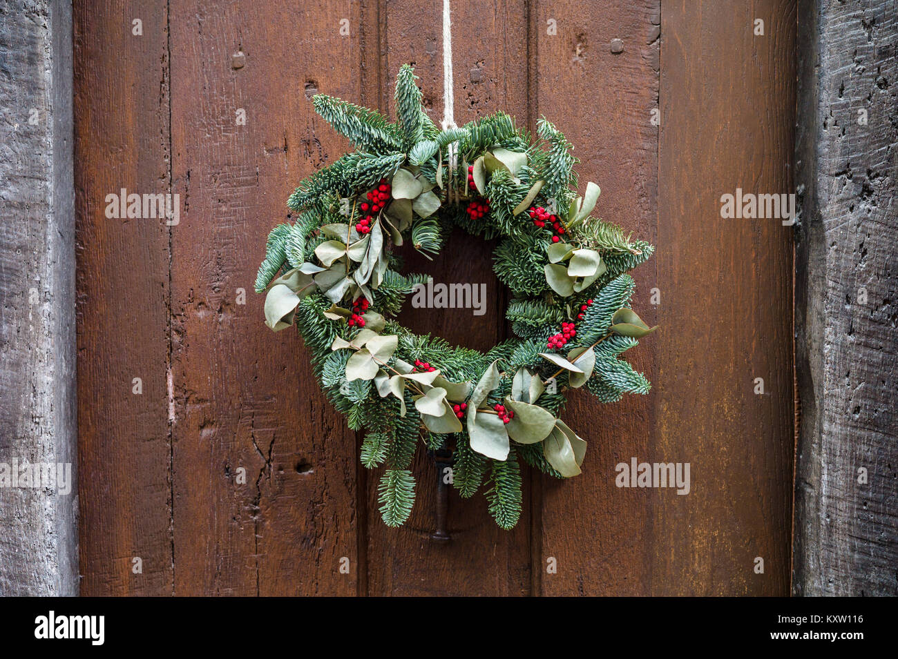 Vista frontale di una tradizionale corona di Natale fatta di rami sempreverdi, foglie di agrifoglio e bacche appesi su una corda inchiodata su una vecchia porta di legno. Foto Stock