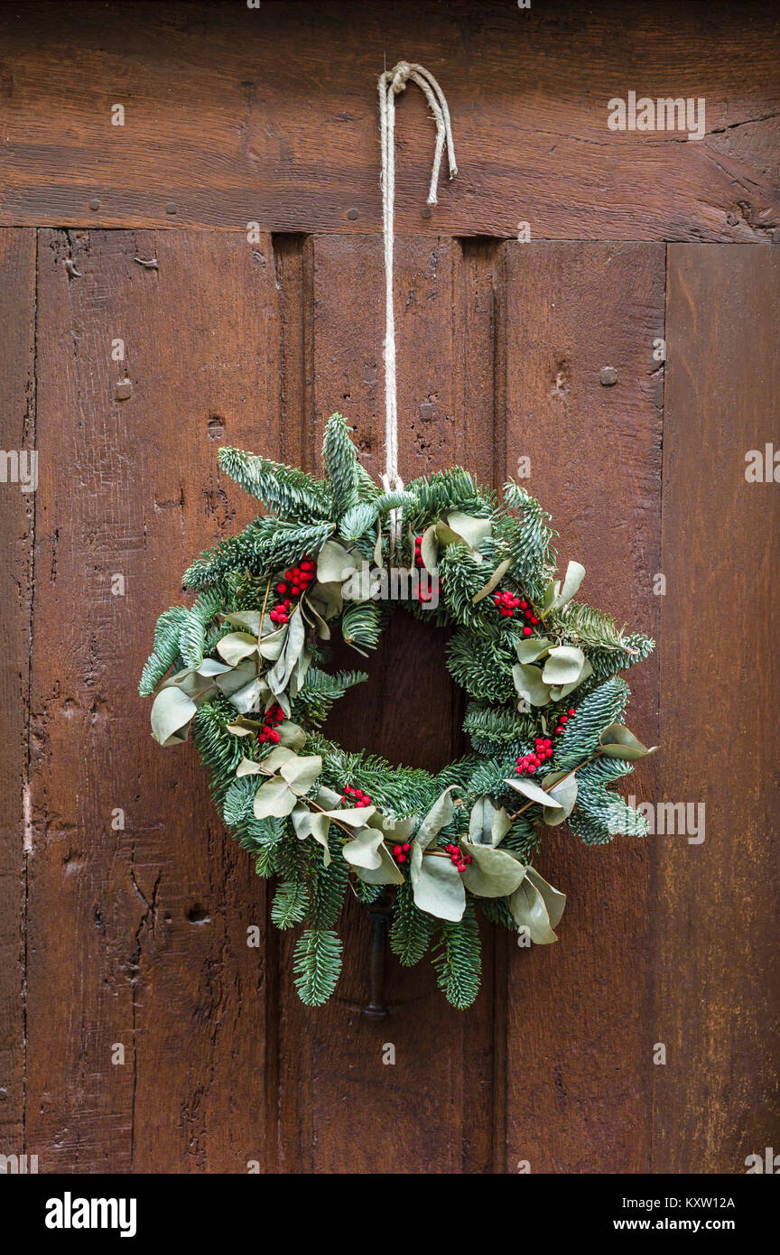 Vista frontale di una tradizionale corona di Natale fatta di rami sempreverdi, foglie di agrifoglio e bacche appesi su una corda inchiodata su una vecchia porta di legno. Foto Stock