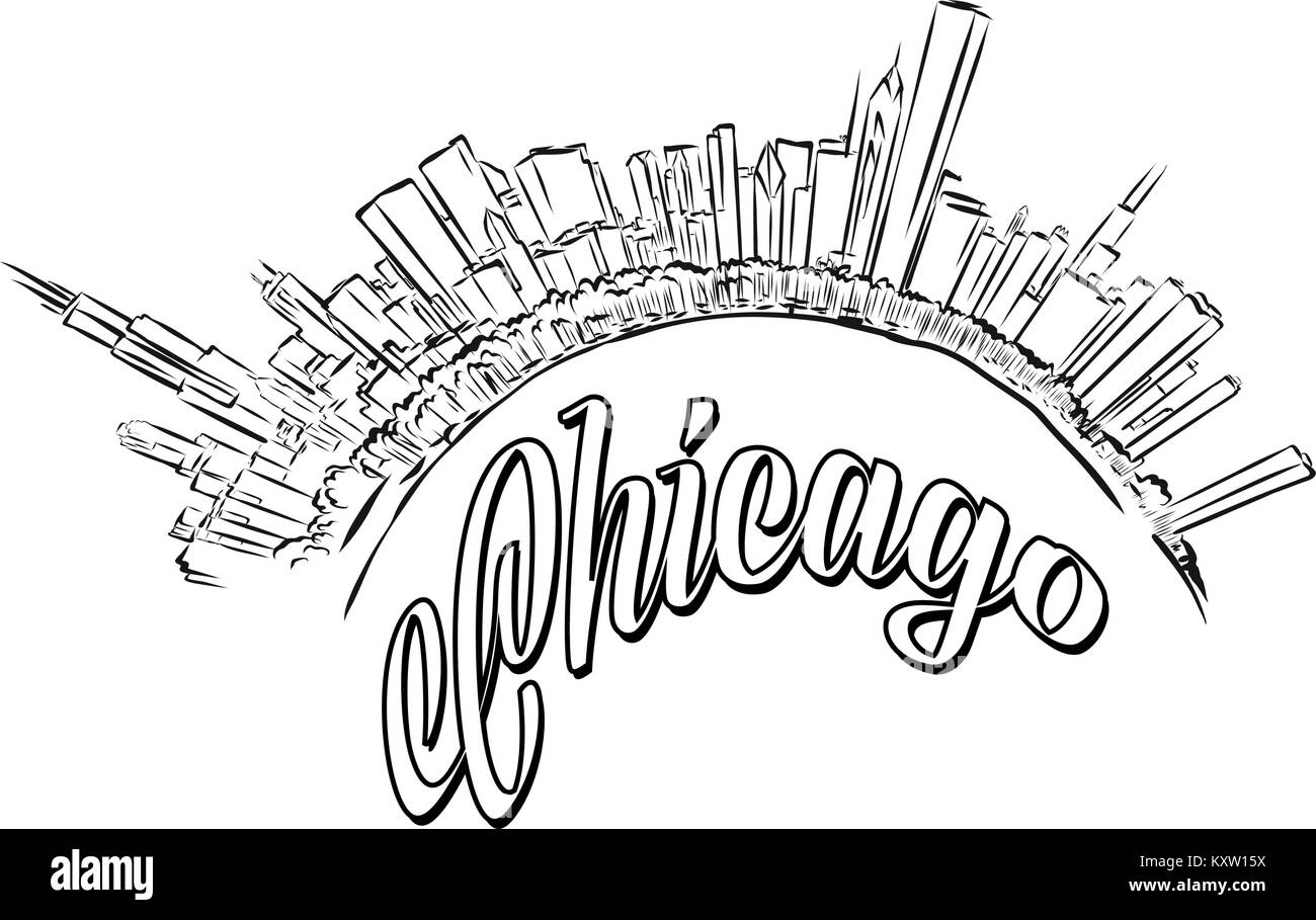 Sullo skyline di Chicago Logo schizzo, famosi punti di riferimento di viaggio serie. Illustrazione Vettoriale
