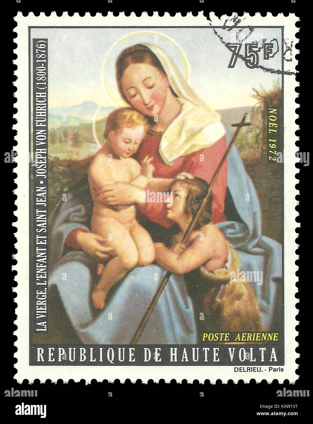 Alto Volta - timbro 1973: Edizione su motivi biblici, mostra pittura della Vergine con il bambino da Joseph von Fuhrich Foto Stock