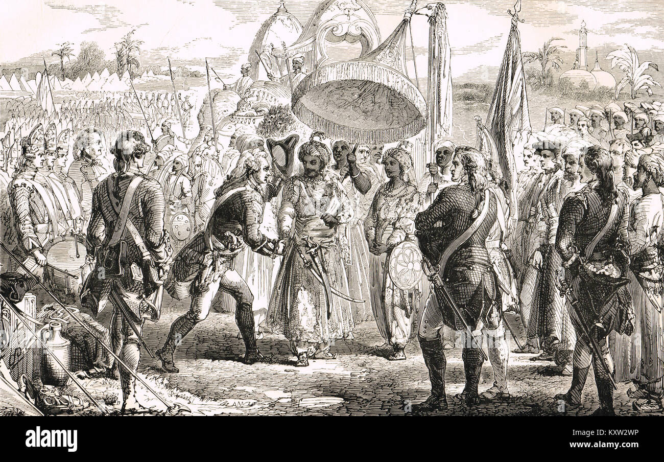 Clive dell India incontro Nabob Meer Jaffier dopo la battaglia di Plassey, 1757 Foto Stock