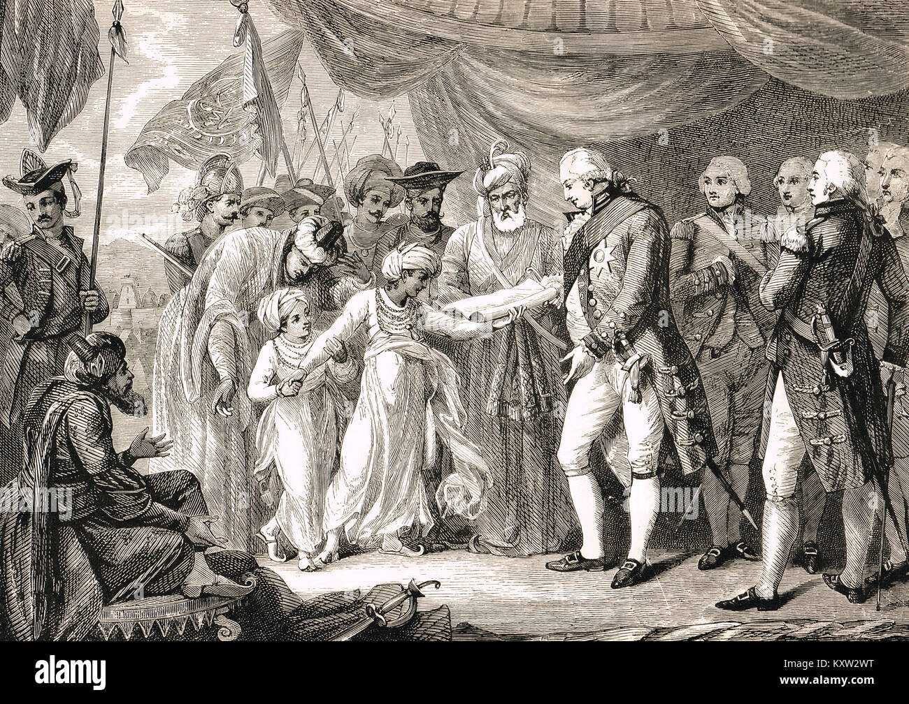 Ricezione di ostaggi di Tipu Sahib, la rinuncia dei due figli di Tippoo sultano, 1792 Foto Stock