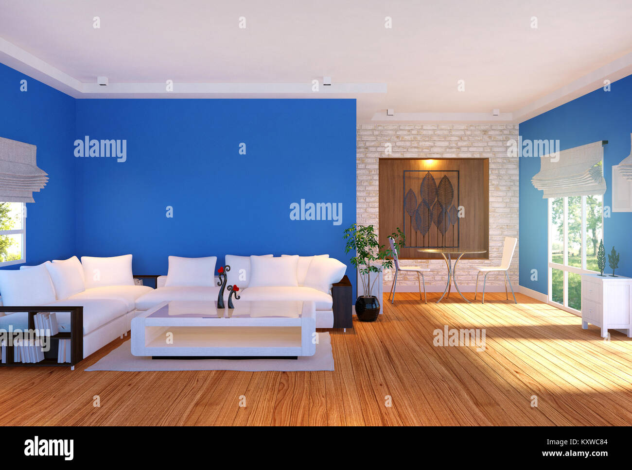 La vita moderna sala interna con mobili e blu parete vuota, rendering 3D Foto Stock