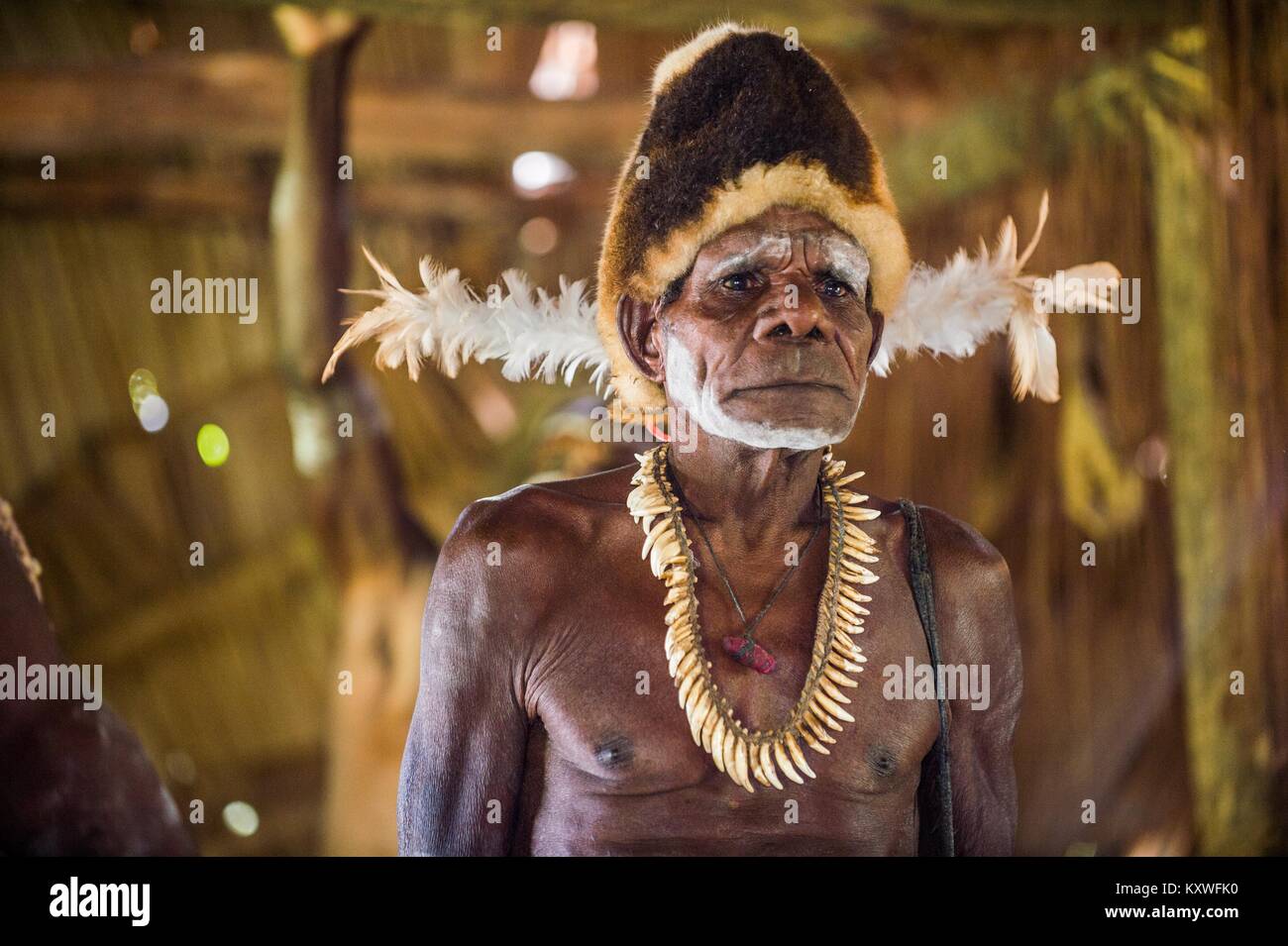 Ritratto di un uomo della tribù di Asmat persone nel rituale face painting. Nuova Guinea. Maggio 23, 2016 Foto Stock