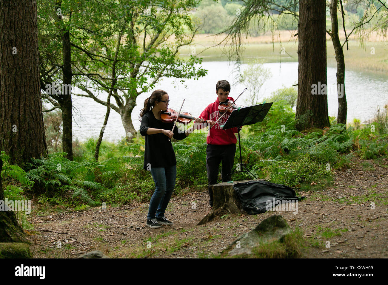 Due fiddlers giocando su violini musica classica sul lato del sentiero a piedi nella valle di Glendalough, County Wicklow, Irlanda Foto Stock