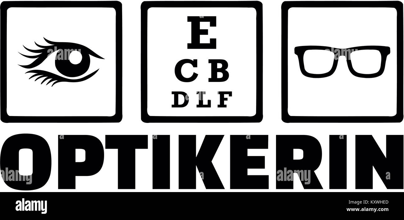 Icone per ottico con occhio, visione scheda di test e bicchieri e tedesco femmina titolo di lavoro Foto Stock