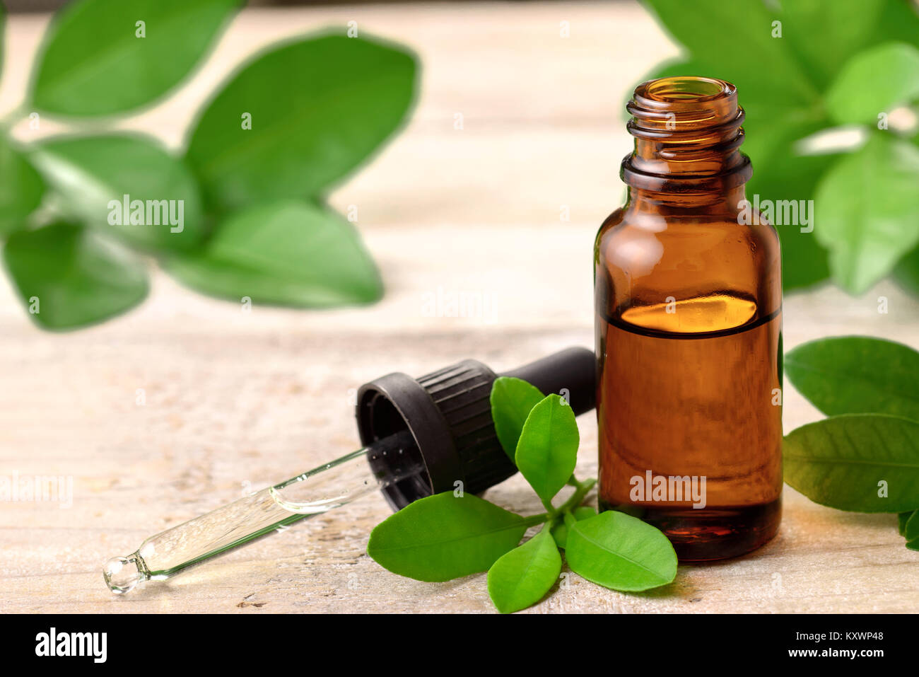 Petitgrain olio essenziale sulla tavola di legno Foto Stock