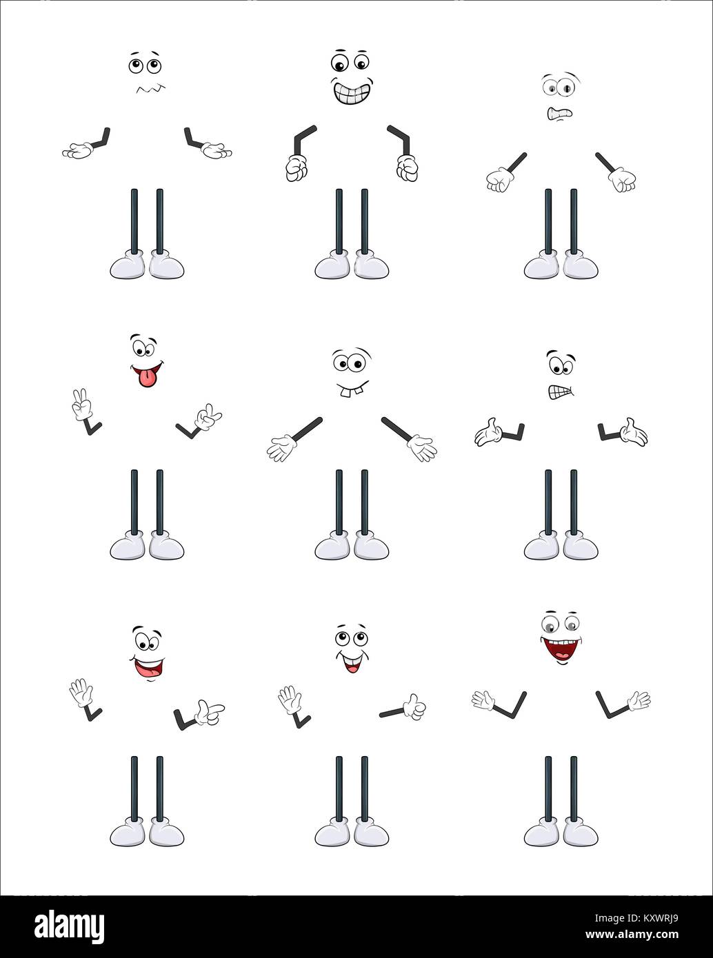 Personaggio dei fumetti braccio, gamba e affrontare insieme isolato su sfondo bianco Illustrazione Vettoriale