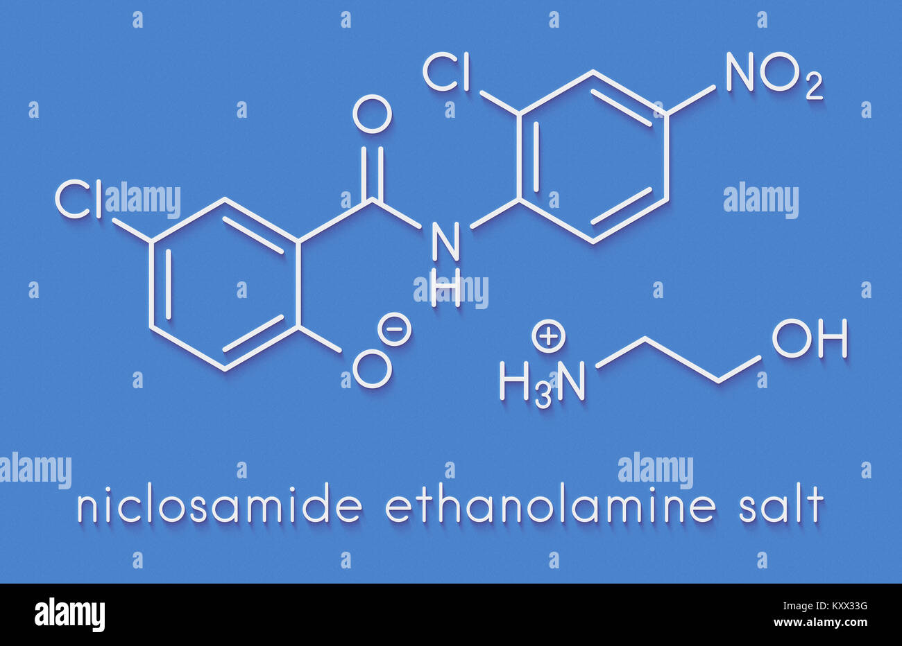 Niclosamide etanolammina tenia molecola di farmaco (antielmintico). Può essere utile come farmaco antidiabetico, agendo come un divisore mitocondriale. Forma dello scheletro Foto Stock