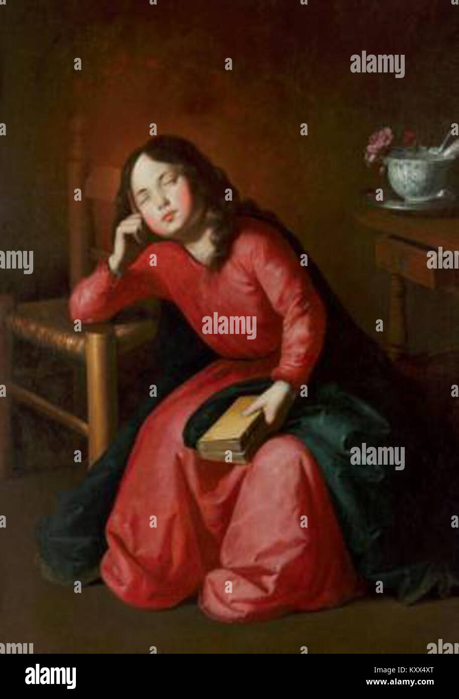 La Vergine bambina addormentata di Francisco de Zurbarán raffigura la Vergine Maria come un bambino che riposa pacificamente, esemplificando l'arte religiosa barocca spagnola. Foto Stock