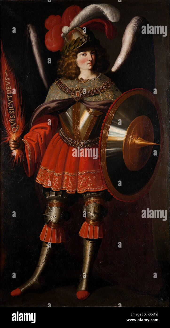 Un dipinto di Francisco de Zurbarán e del suo studio raffigurante l'Arcangelo Michele, che rappresenta l'arte religiosa barocca spagnola e l'iconografia degli angeli cristiani. Foto Stock