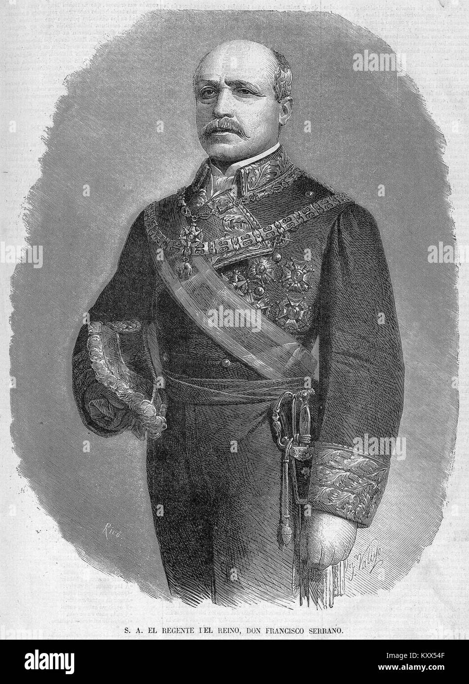 Questa incisione del 12 gennaio 1870 mostra Francisco Serrano (1813-1882), un generale e politico spagnolo, come descritto nella rivista la Ilustración de Madrid. Foto Stock