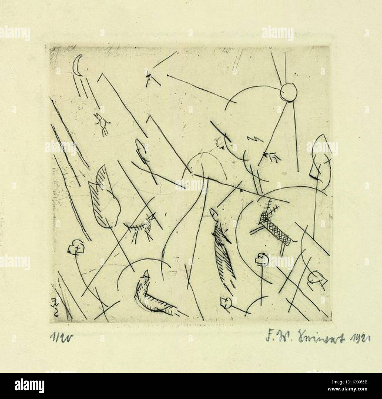 Questo lavoro astratto di Franz Wilhelm Seiwert, intitolato *Geschöpfe*, presenta figure espressive che evidenziano l'approccio distintivo dell'artista alla forma e alla composizione, rappresentando l'intensità emotiva dell'arte dei primi anni del XX secolo. Foto Stock