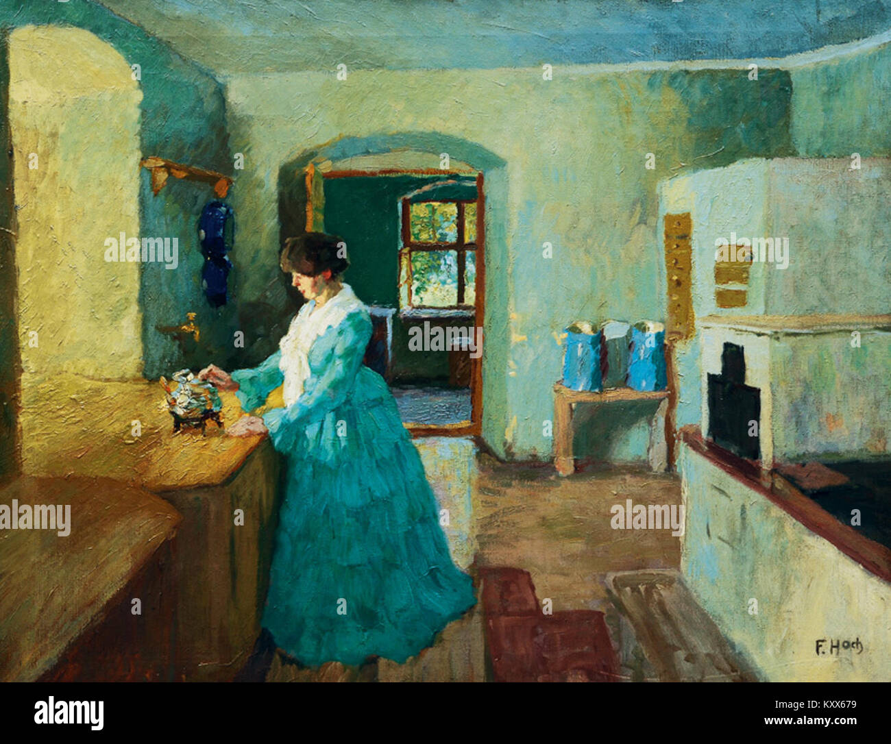 Il dipinto di Franz Xaver Hoch raffigura una donna in una cucina, potenzialmente del XIX secolo, che illustra la vita e le abitudini domestiche di tutti i giorni, con un'enfasi sugli ambienti interni e sui compiti tradizionali. Foto Stock