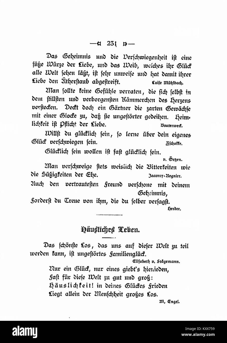 Una pagina di testo di Frauen-Brevier für Haus und Welt, che riflette il pensiero sociale tedesco dell'inizio del XX secolo, con insegnamenti morali diretti verso i ruoli delle donne in casa e nella comunità. Foto Stock