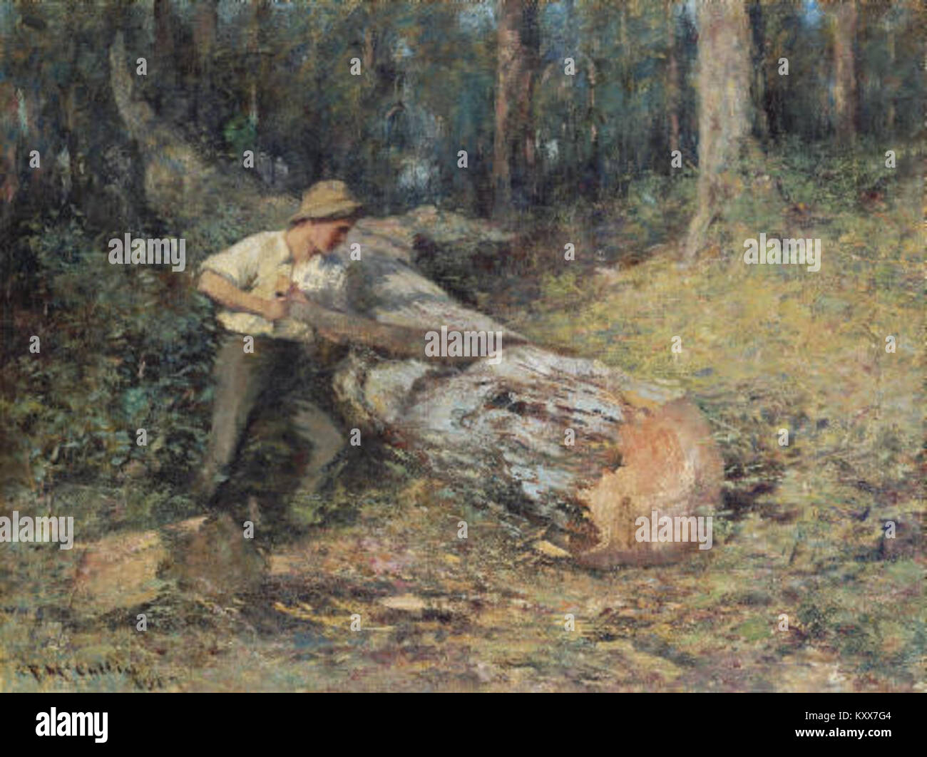 Pittura ad olio Sewing Timber del 1907 dell'artista australiano Frederick McCubbin che mostra uomini che tagliano legno. Foto Stock