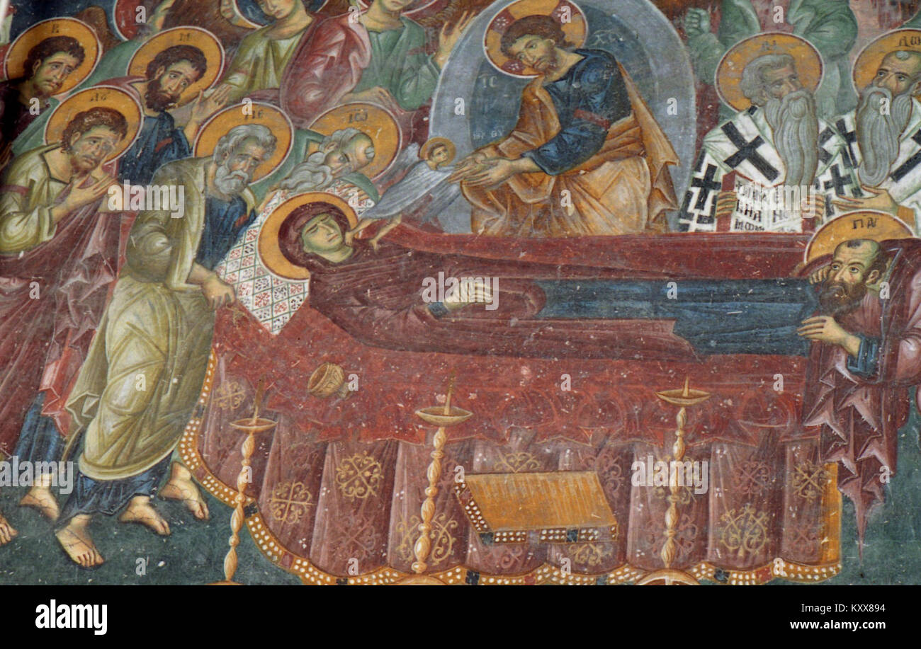 Questa serie di affreschi nella chiesa di San Nicola a Varoš presenta una serie di dipinti murali che mostrano motivi biblici e agiografici eseguiti a tempera su gesso. Il programma iconografico comprende grandi figure aloni di apostoli e santi disposte in registri sotto le bande decorative, che riflettono il programma liturgico e teologico della chiesa. Petit Futé Foto Stock